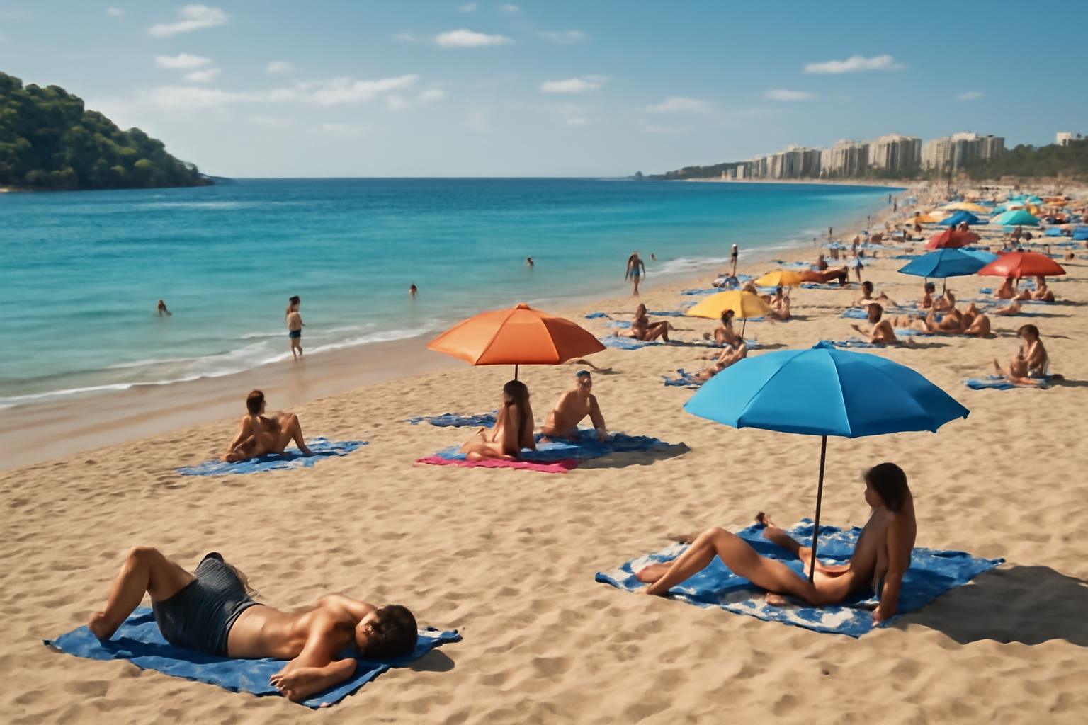 Napernyőkkel ellátott strand, pihenő emberekkel és tiszta tengerrel.