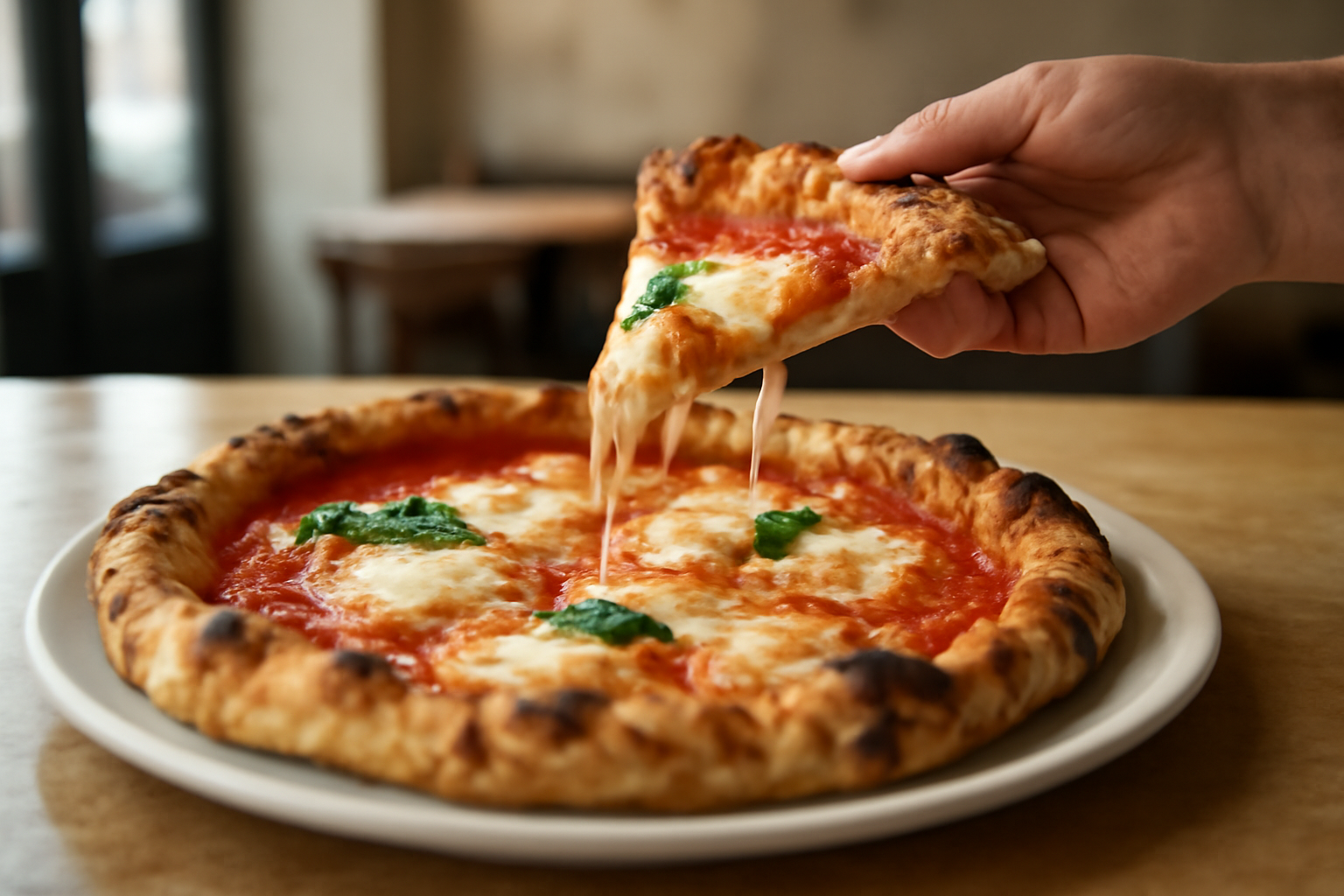 Egy frissen sült nápolyi pizza, hússal és bazsalikommal, egy kézben.