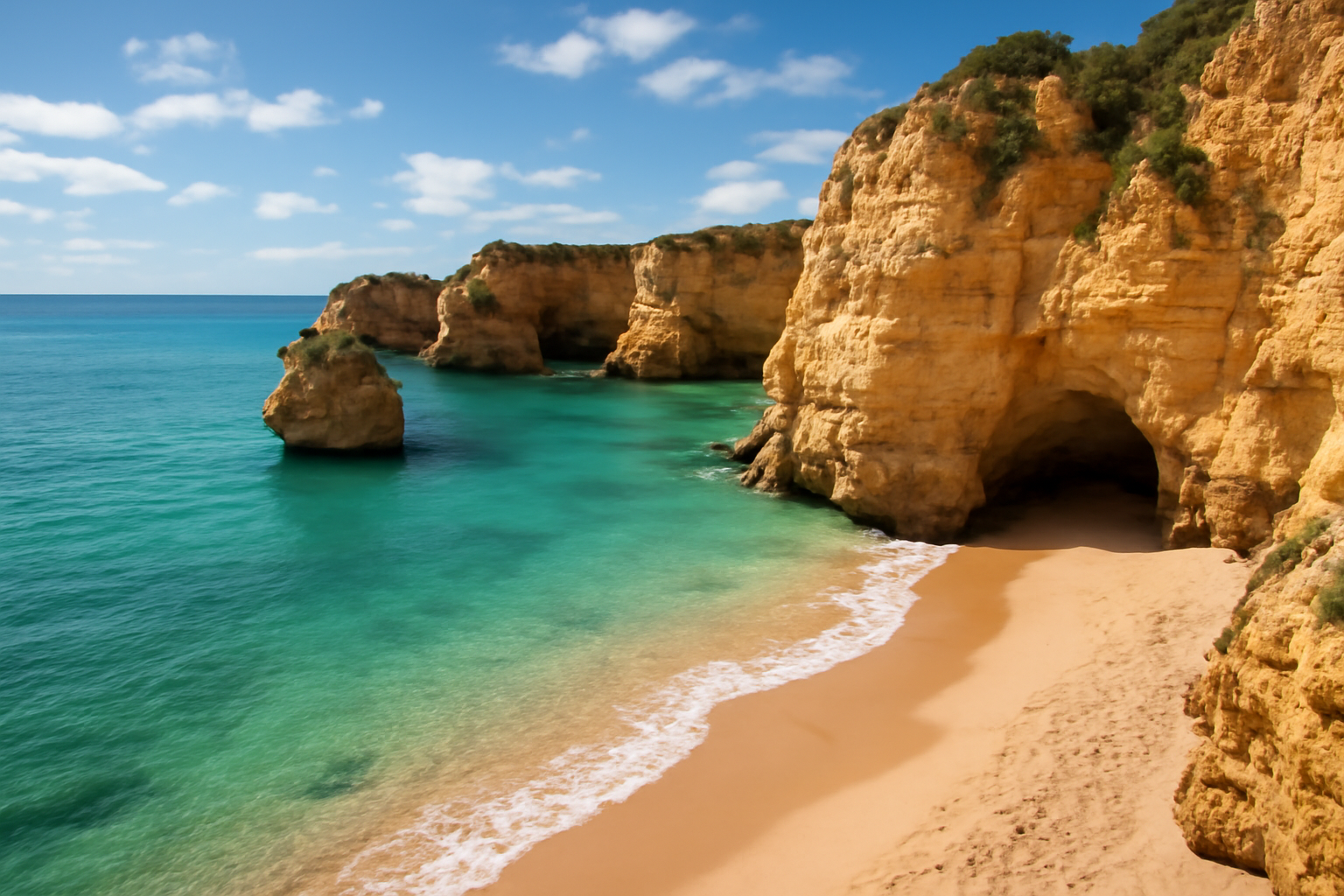 Algarve tengerparti sziklái és homokos öble a napsütésben.
