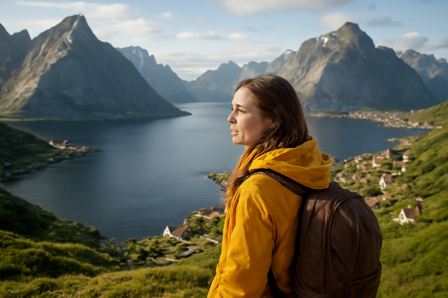 Egy fiatal nő néz a fjordra Norvégiában, háttérben hegyek és falvak.
