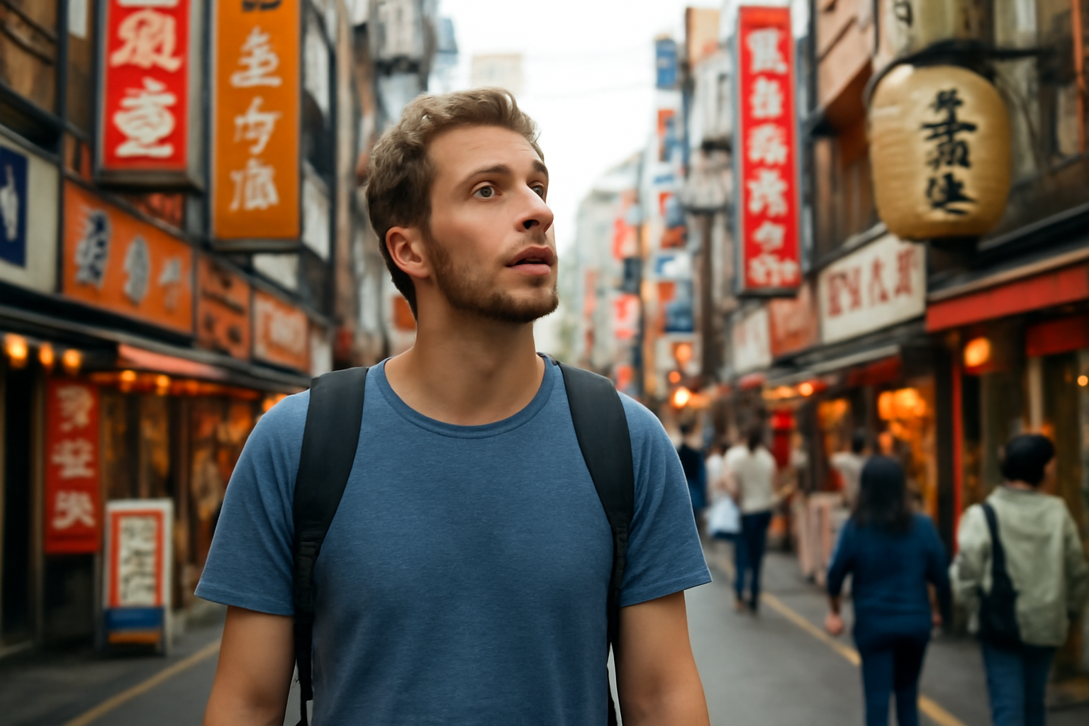 Egy fiatal férfi felfedezi Japán zsúfolt utcáit, lenyűgözve a látványtól.