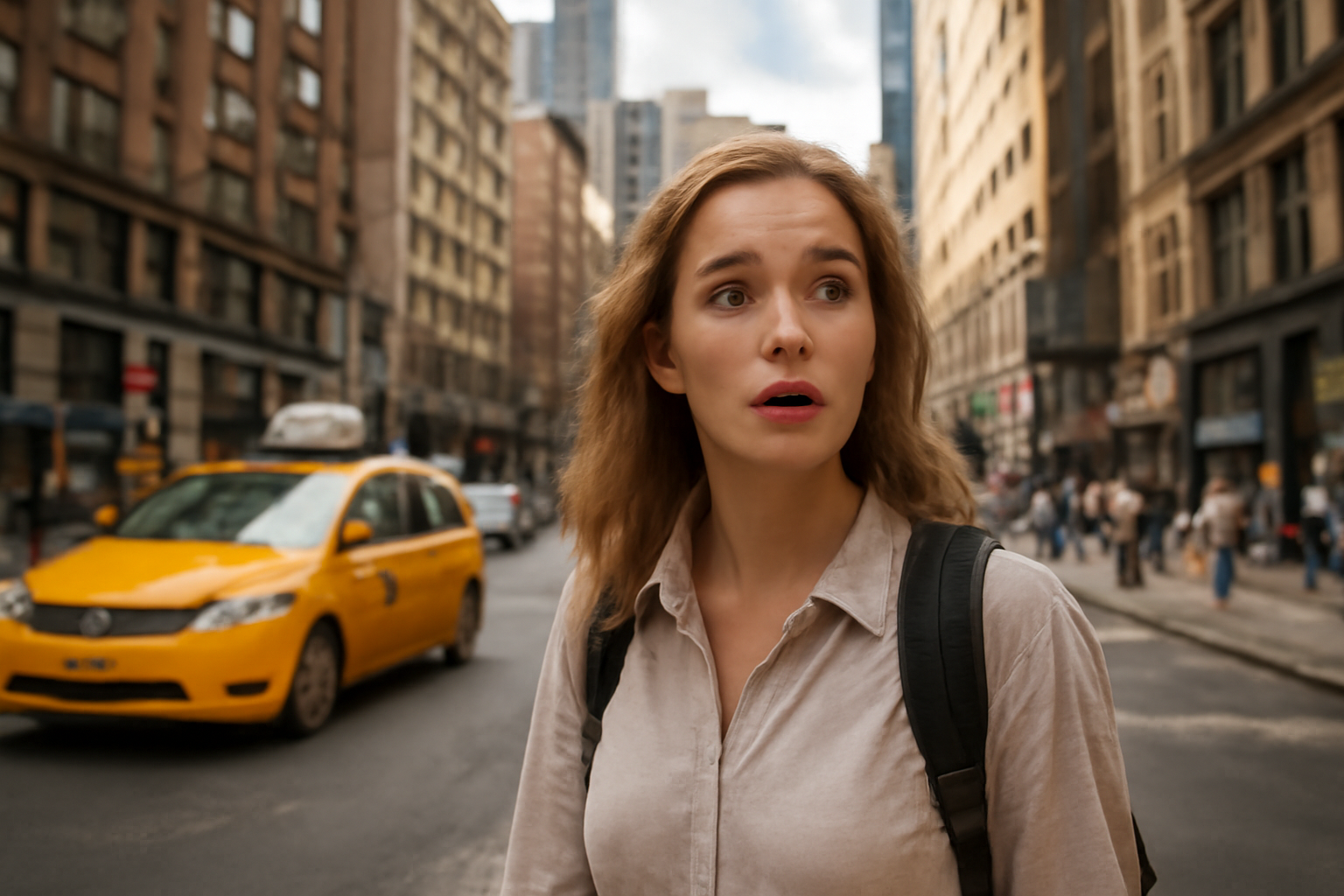 Egy fiatal nő áll New York utcáján, körülötte taxisok és emberek.