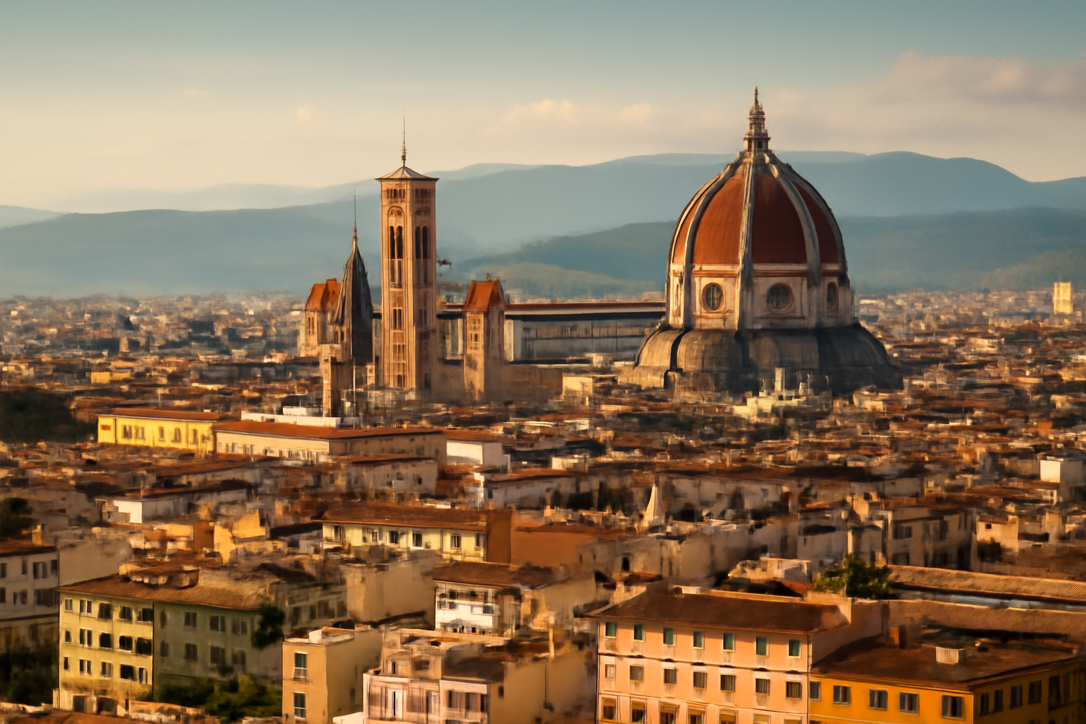Firenze városának panorámaképe, a híres dóm és harangtorony látható.