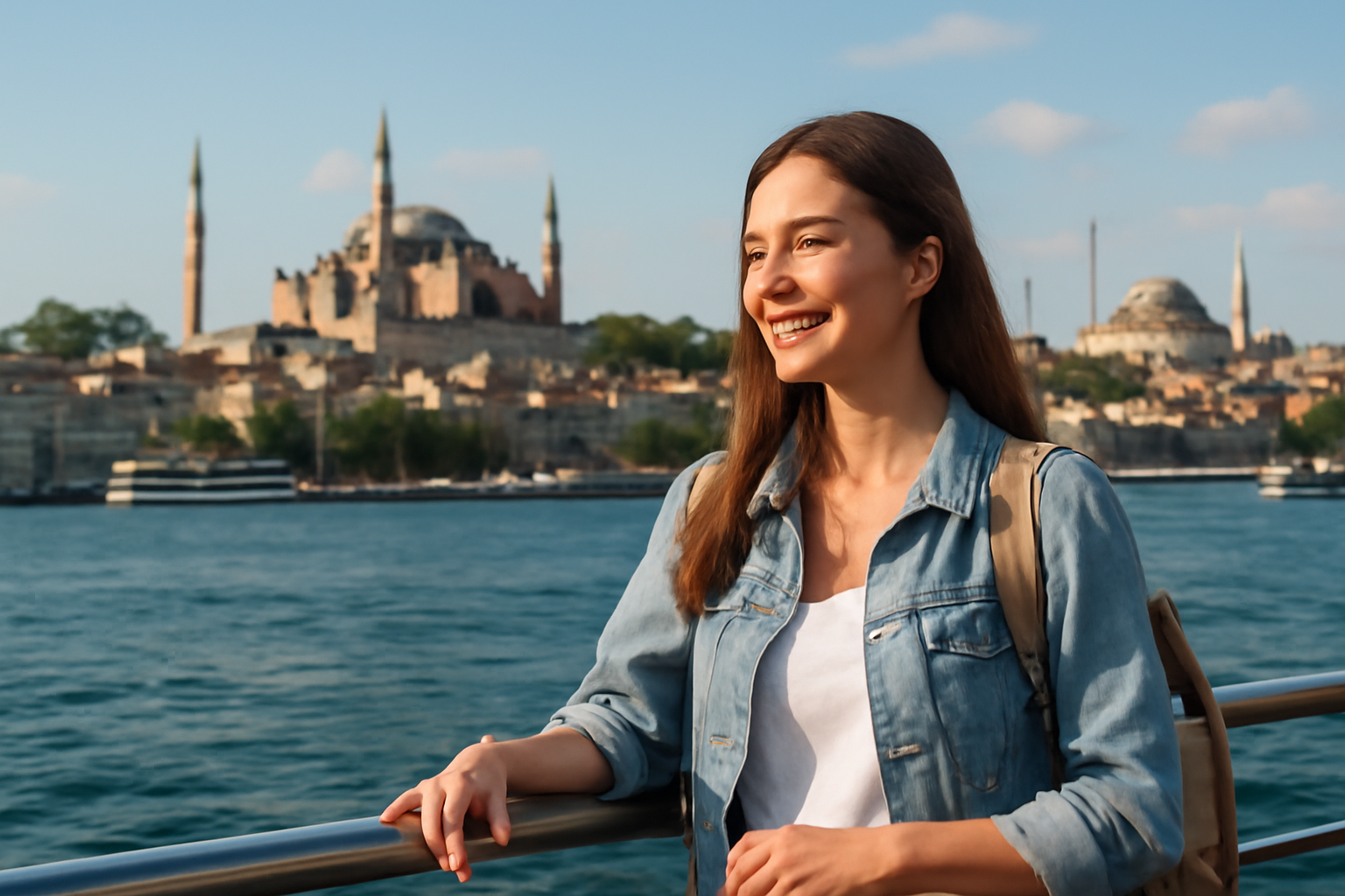 Egy fiatal nő mosolyogva áll a Boszporusz partján, háttérben Isztambul híres épületeivel.