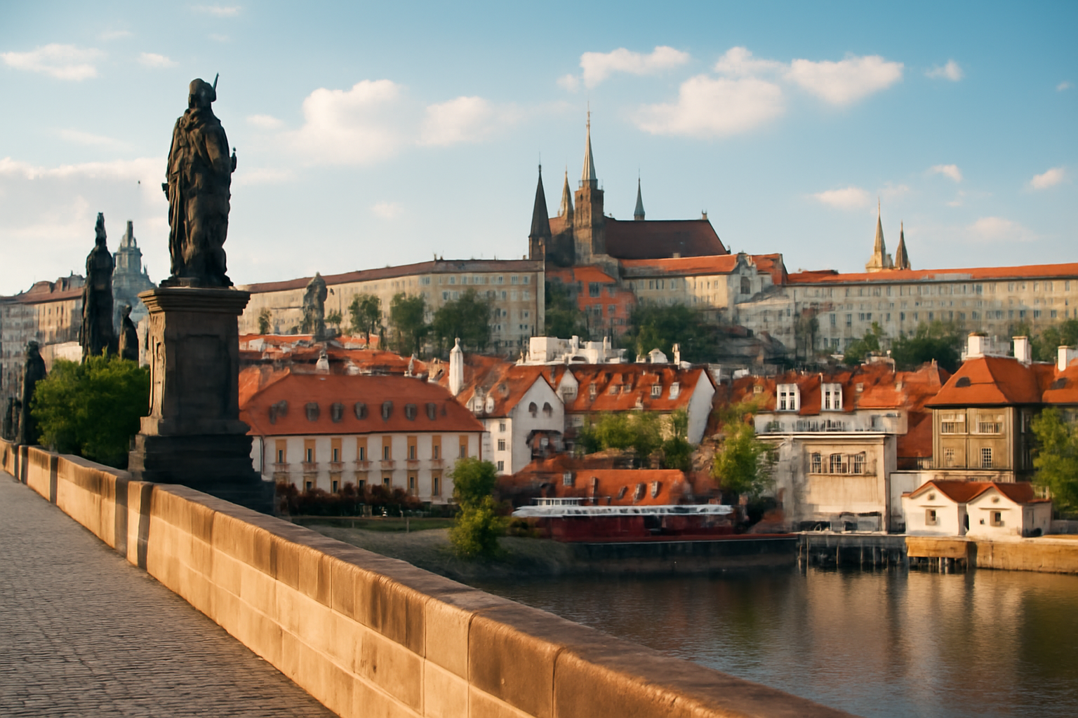 A Károly hídon álló szobrok és a háttérben Prága vára látható.