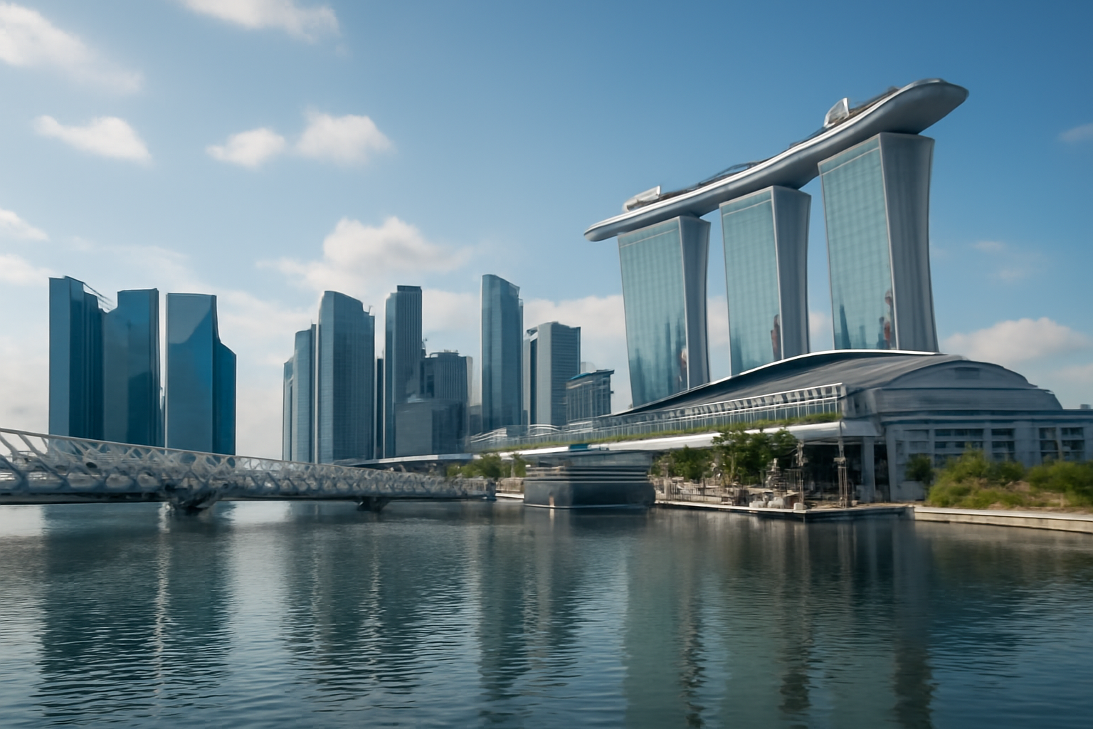 Szingapúr modern felhőkarcolói és a Marina Bay Sands épülete a vízparton.