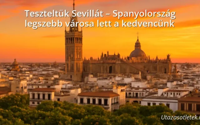 Sevilla város panorámája naplementekor, a Giralda toronnyal