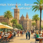 Valencia városképe modern épületekkel és tengerparttal, emberekkel a kávézók teraszán