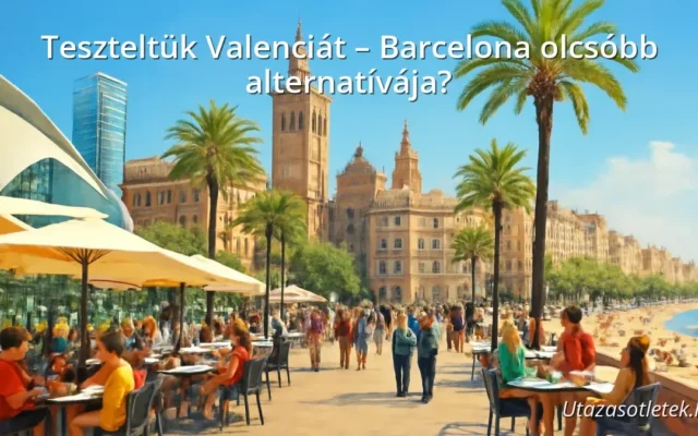 Valencia városképe modern épületekkel és tengerparttal, emberekkel a kávézók teraszán