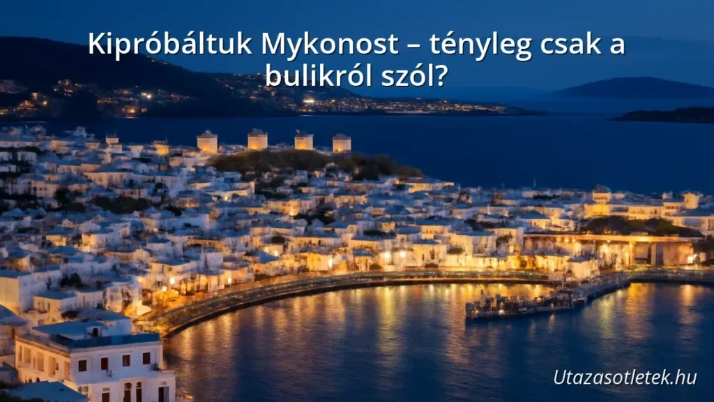 Mykonos island with white houses and blue sea under a sunset sky