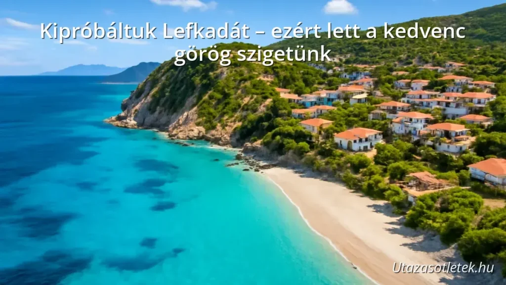Lefkada sziget látképe, türkizkék tengerrel és fehér homokos strandokkal