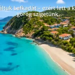 Lefkada sziget látképe, türkizkék tengerrel és fehér homokos strandokkal