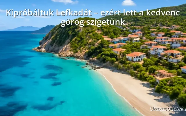 Lefkada sziget látképe, türkizkék tengerrel és fehér homokos strandokkal