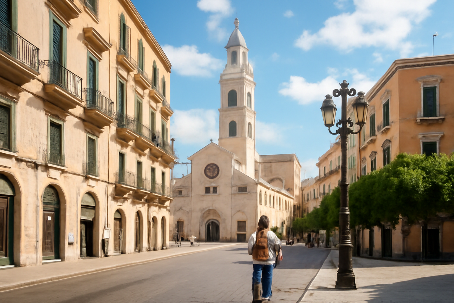 Bari városának szűk utcáján sétáló turista, háttérben templomtorony.