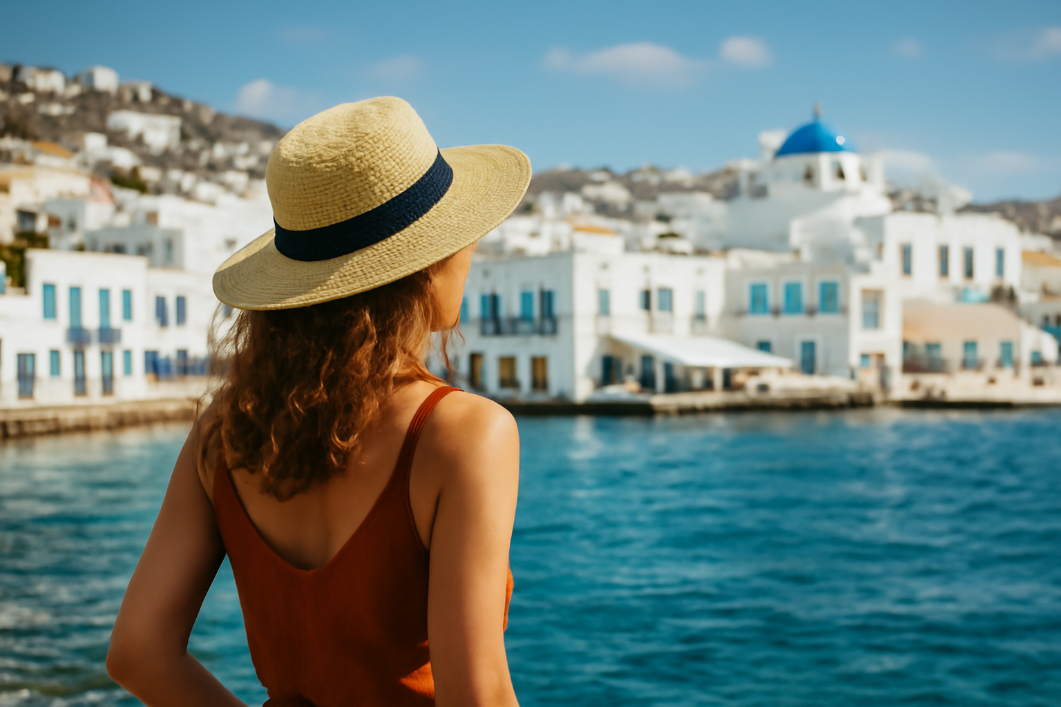 Egy nő Mykonos kikötőjében, fehér házak és kék kupolák előtt állva.