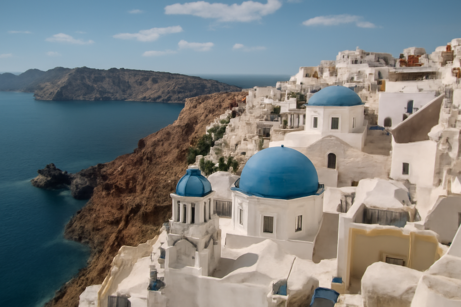 Santorini híres kék kupolás házai a tengerparti sziklákon, gyönyörű kilátással.