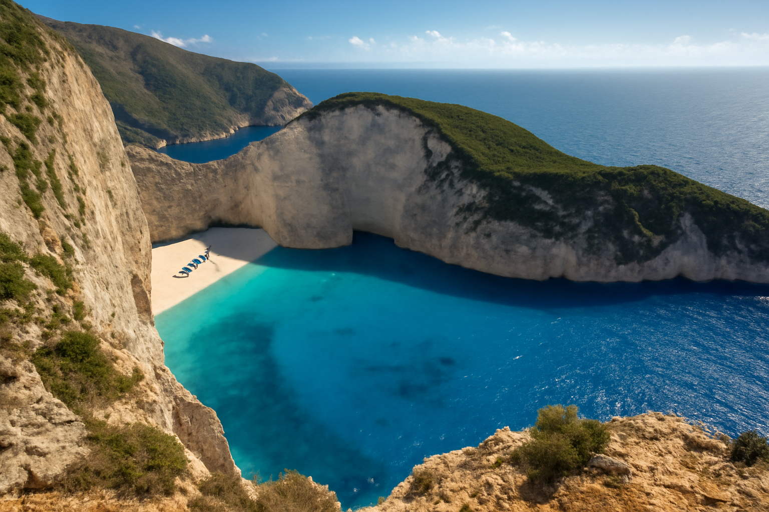 A Navagio-part lenyűgöző látképe Zakynthos szigetén, fehér sziklák és türkizkék víz.